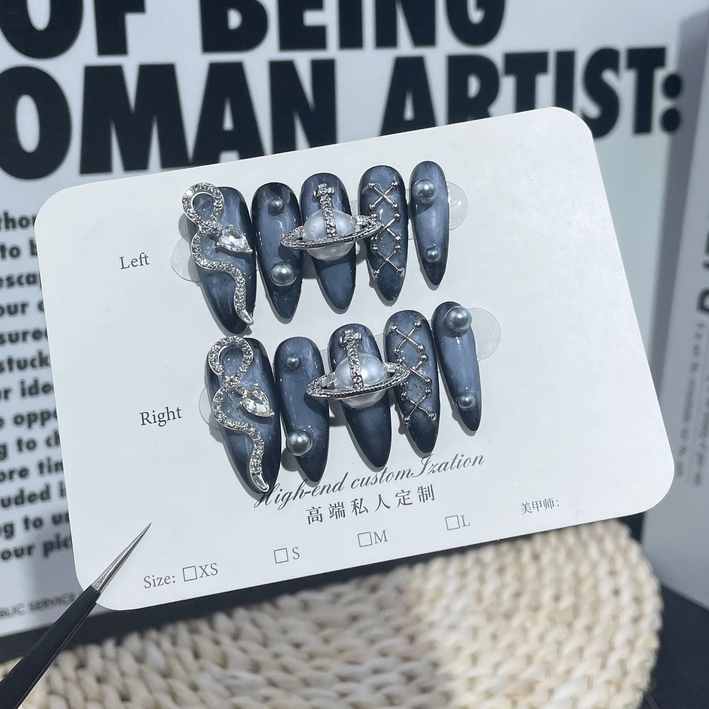 Mysterious Cosmic Press On Nails Dark Blue With Diamond Snake Planet Design For Events With 3D Snake Planet Constellation Decor