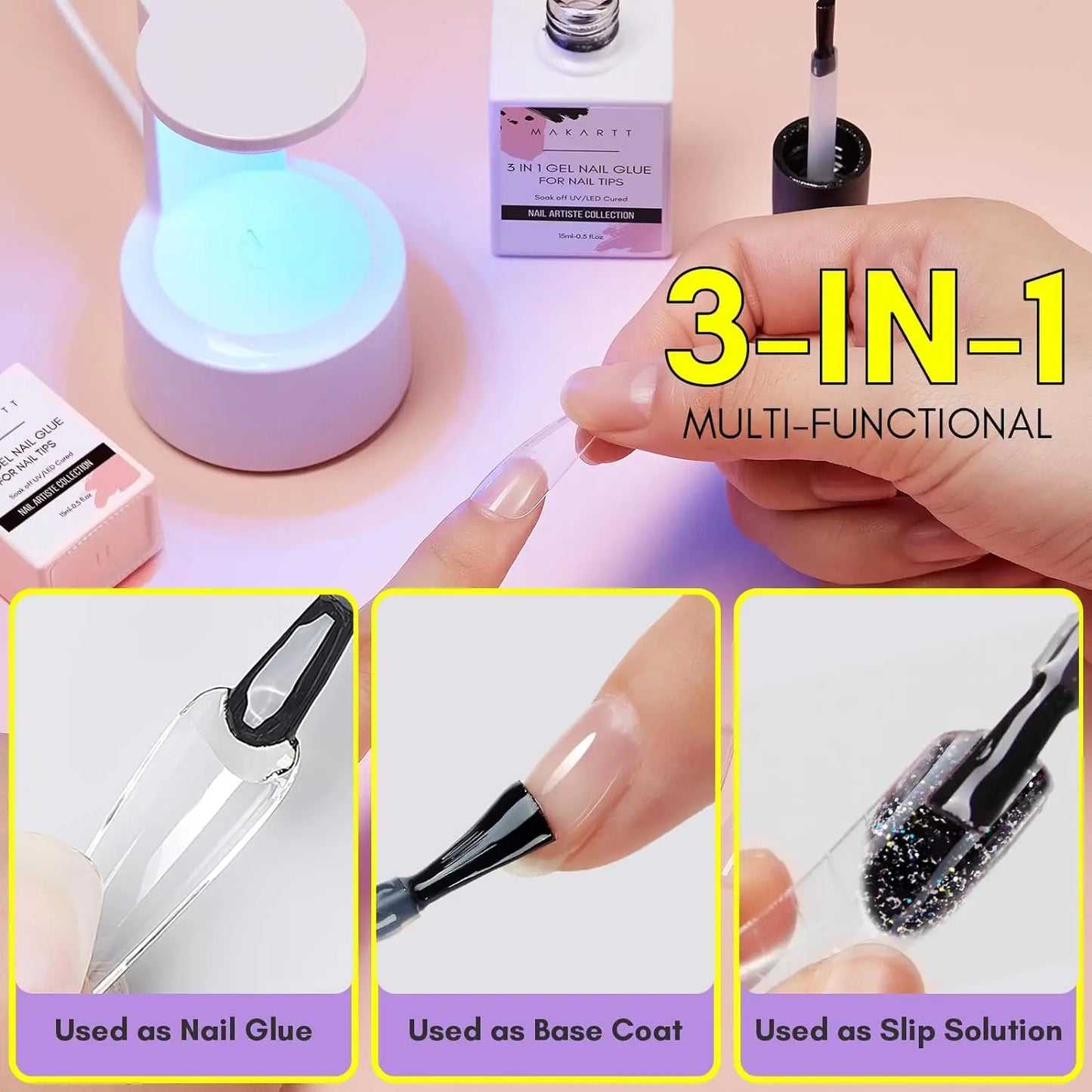 Makartt Nail Glue Gel for Acrylic Nails 3 in 1 Nail Gel Super Strong Brush On UV Nail Glue Long Lasting for False Press On Nails