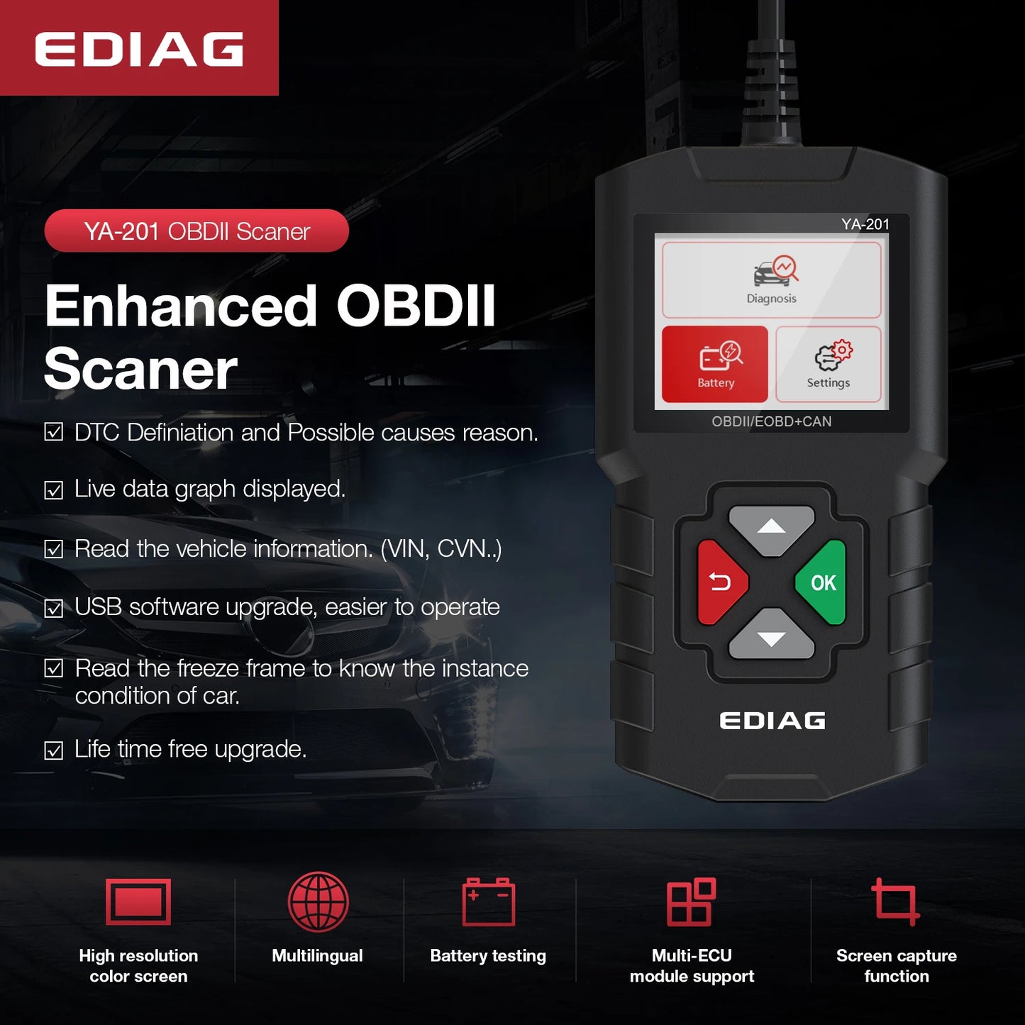 EDIAG YA201 OBDII/EOBD Auto Diagnostic Code Reader OBD2 Scanner with Data Stream Save/Playback Feature
