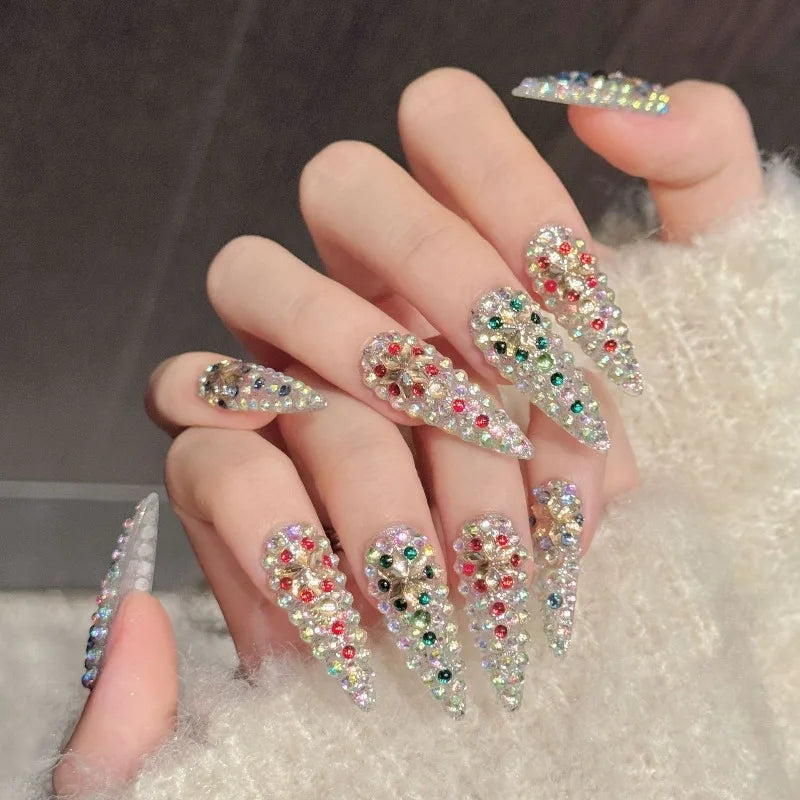 10pcs Long Stiletto Press on Nails Multi-Color Rhinestone Cluster Decor Sparkly Reusable Handmade Fake Nails for Wedding & Party