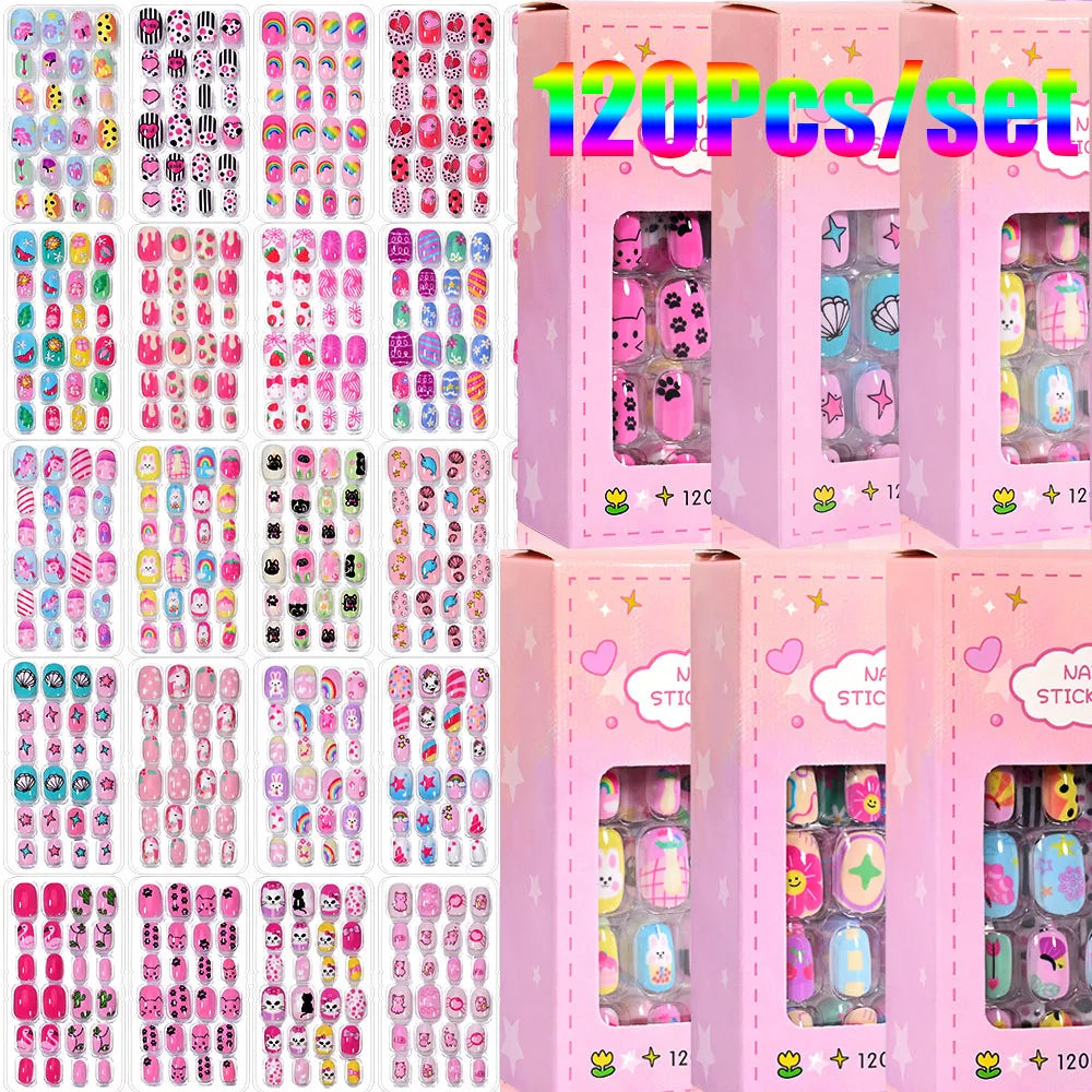 120Pcs/set Cartoon Kawaii Cute False Nail Tips 5*24Pcs  Acrylic Nails Tips Full Cover Short Fingernail Press on Fake Nails &*&
