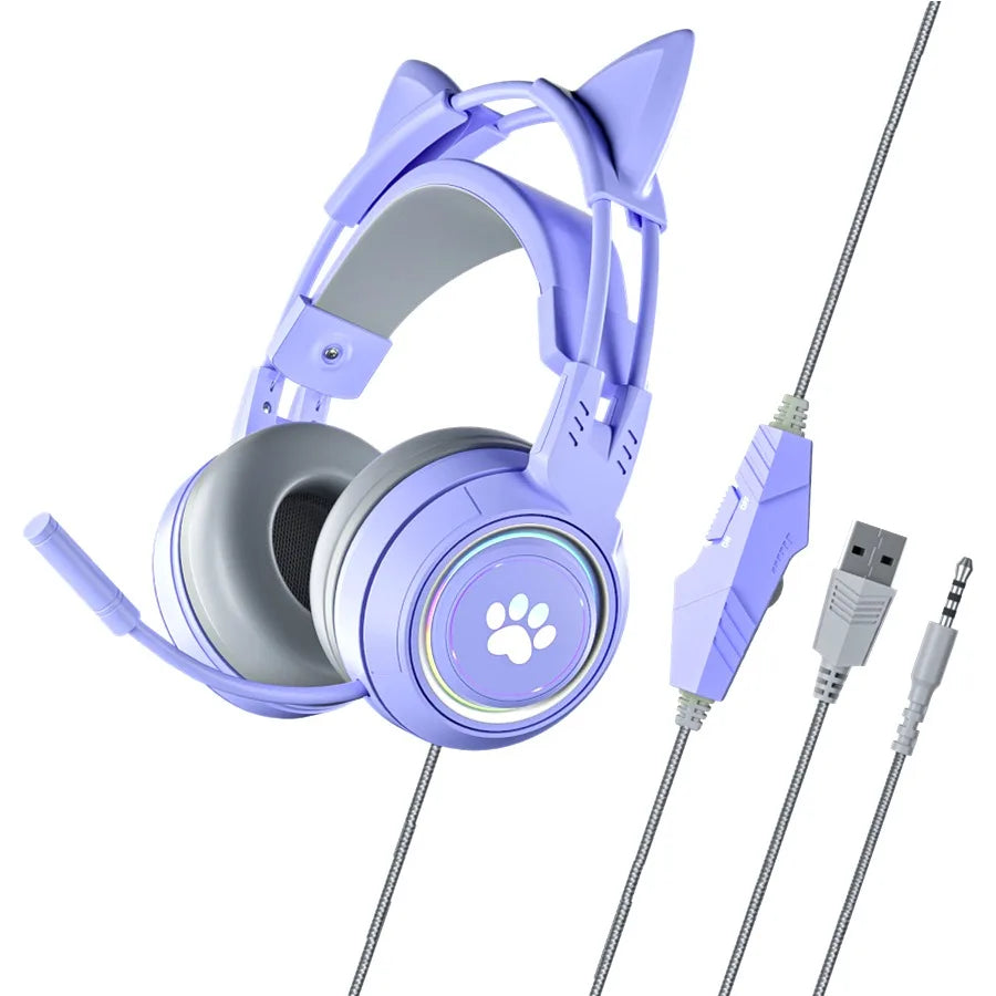 Cute Cat Ear Gaming Headphones with Mic Noise Reduced RGB Pink Girls Headset Gamer Accessories for PS4 Xbox Phone PC Kid Gift