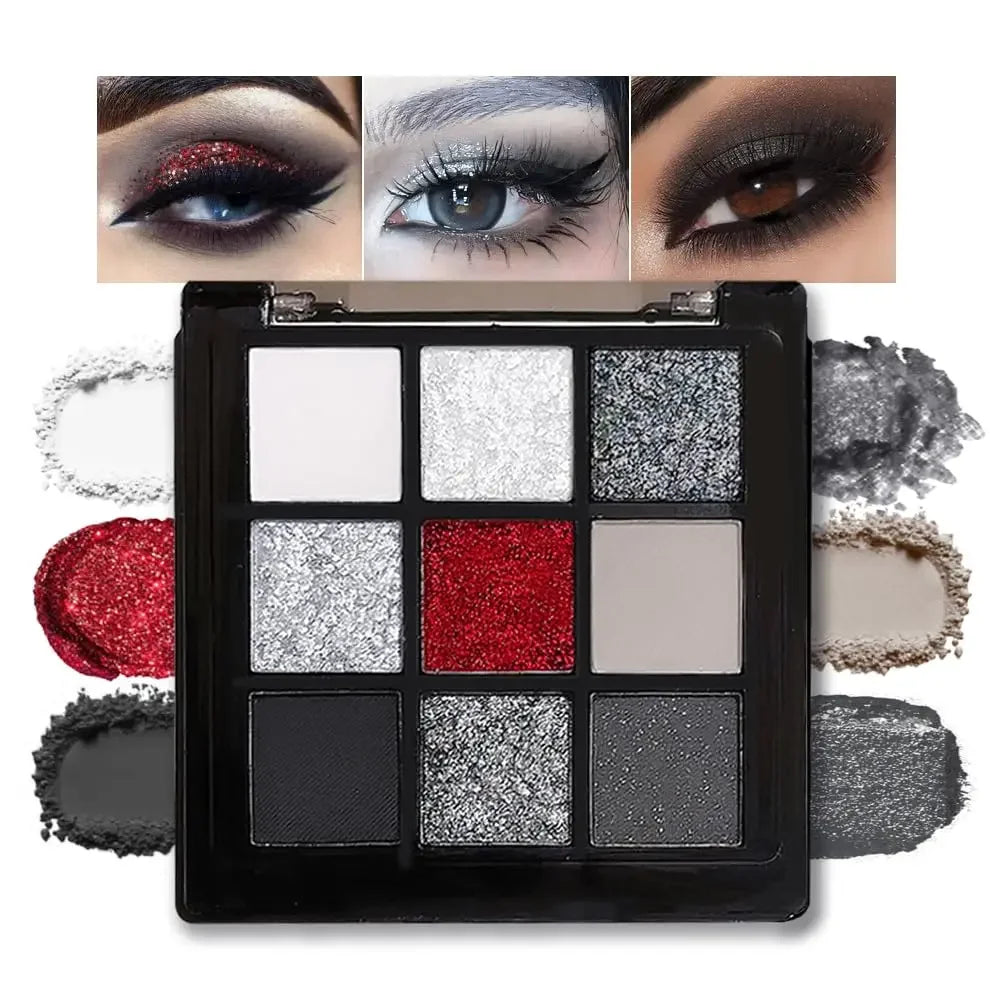 Black Red Punk Smoked 9 Colors Eyeshadow Palette - Waterproof Glitter Pearl Cold Dark Color Makeup Lasting Eyeshadow