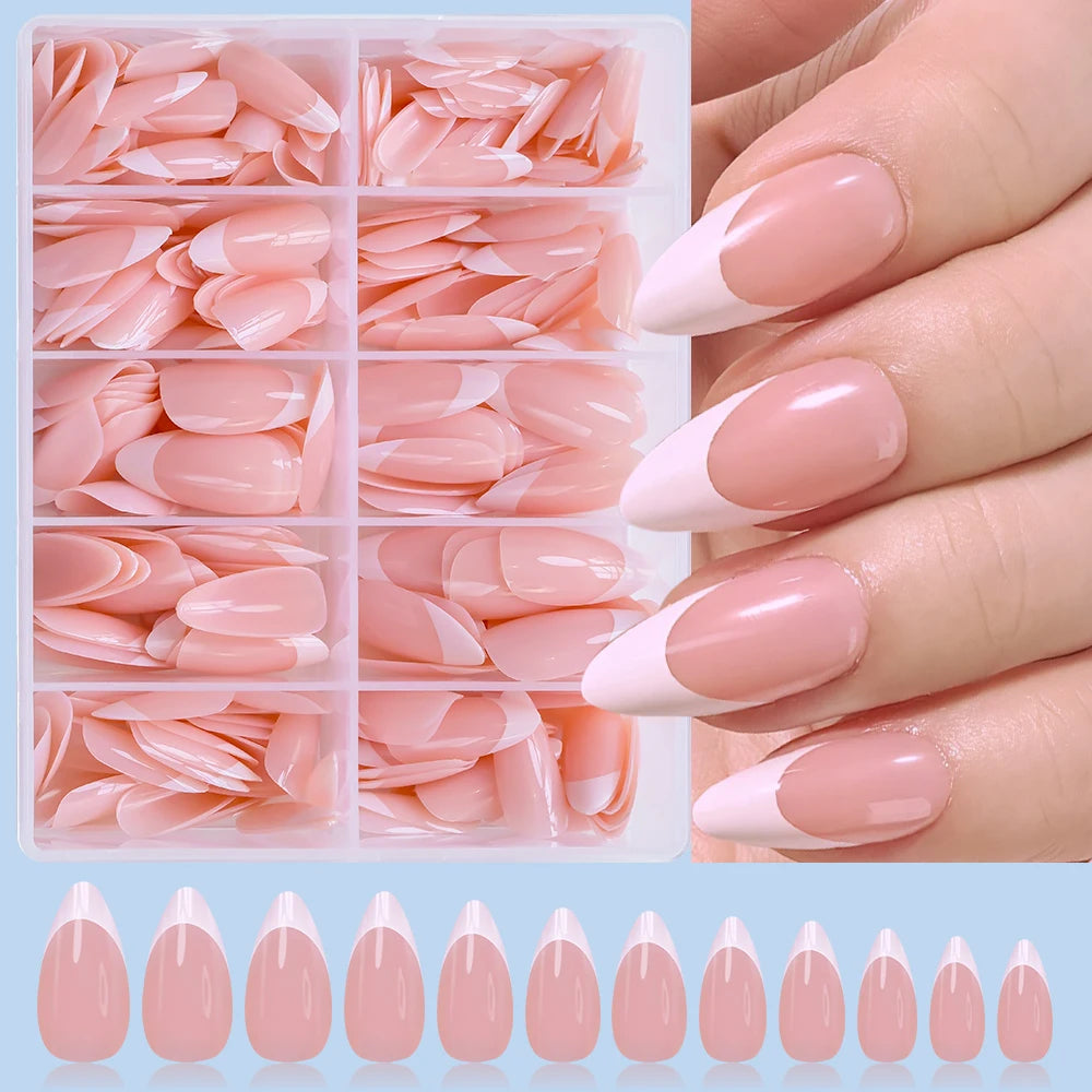 120/150/240pcs Pink Medium Almond French Press On Nails Glossy White French Oval Full Cover Wearable False Nail Acrylic FakeNail