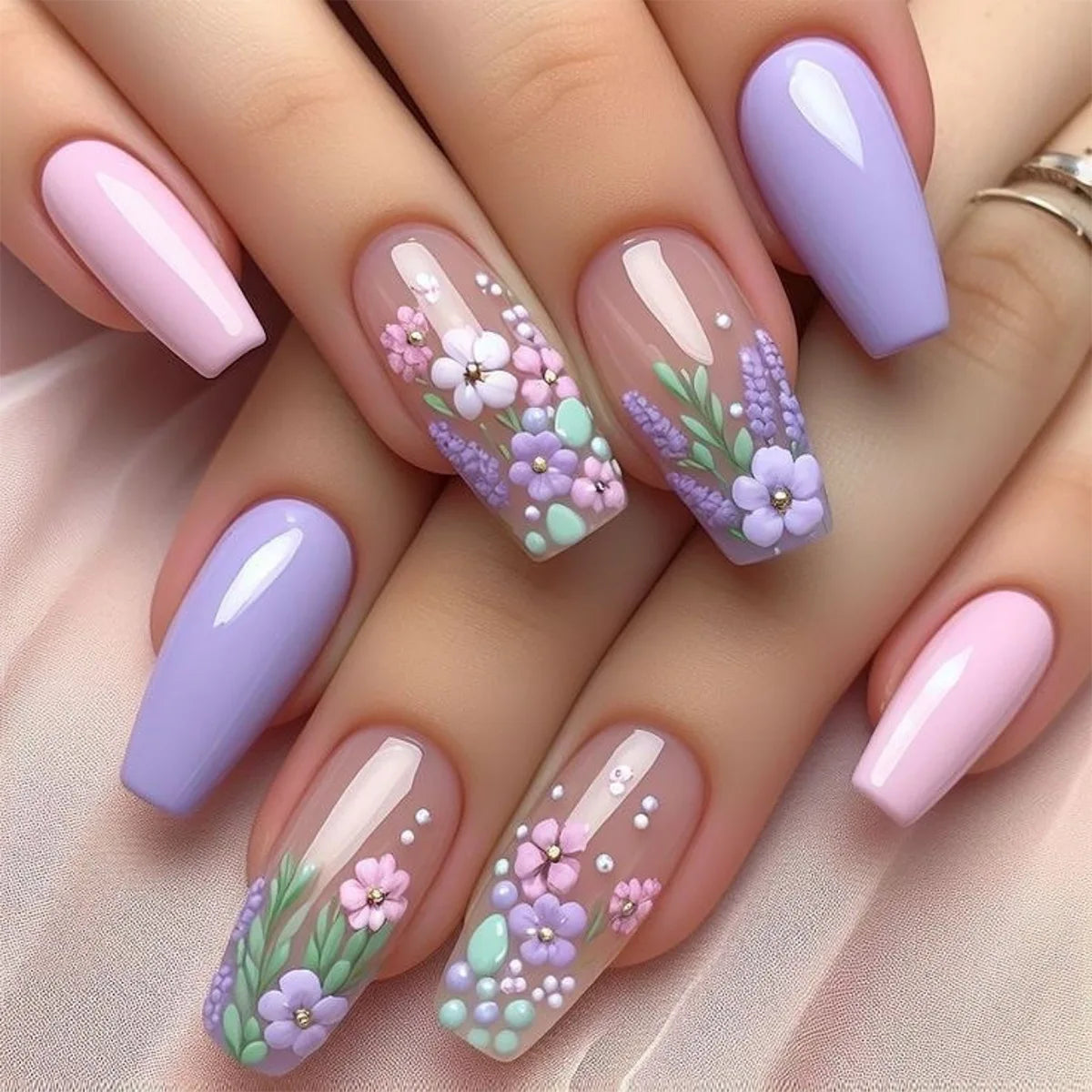24pcs Mini Flower Press on Nails with Glue Painting Floral Acrylic Fake Nails Spring Design Short Square False Nails for Girls