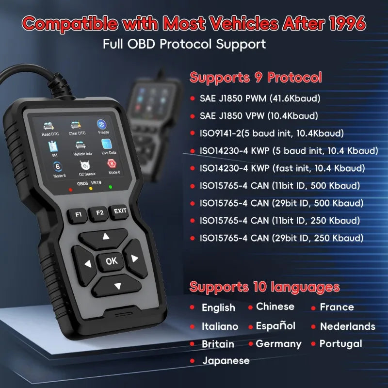 Car OBD2 Scanner Diagnostic Tool V519 Multi-language OBDII Car Voltage Tester Engine Fault Code Scanner Car Code Reader