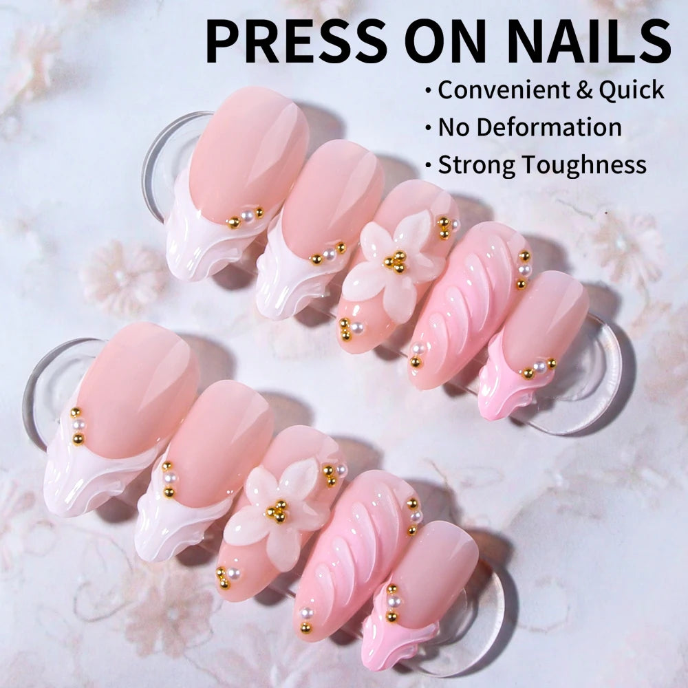 Elevate Your Style with, 24pcs/set Long almond flowers Pink and white French Press on nails tips French Acrylic Fake Nail，3d gel