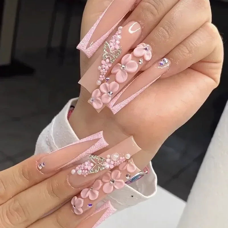 Customize Handmade Extra Long False Nail Tips Glittery Rhinestone 3D Flower Press On Nails Y2K Reusable 3XL Acrylic Fake Nail