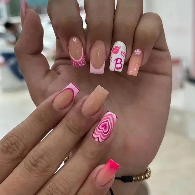 24Pcs Simple Red French Fake Nail Art Set Short Square False Nails with Glue Detachable Nail Tips Love Pattern Press on Nails