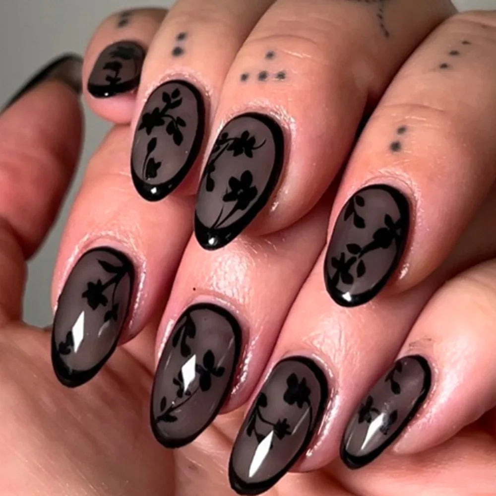 24pcs Leopard Print Brown Nails Art Gilded Pearl Design Almond Fake Nail Tips Flower False Nail for Women Girl Press on Nails