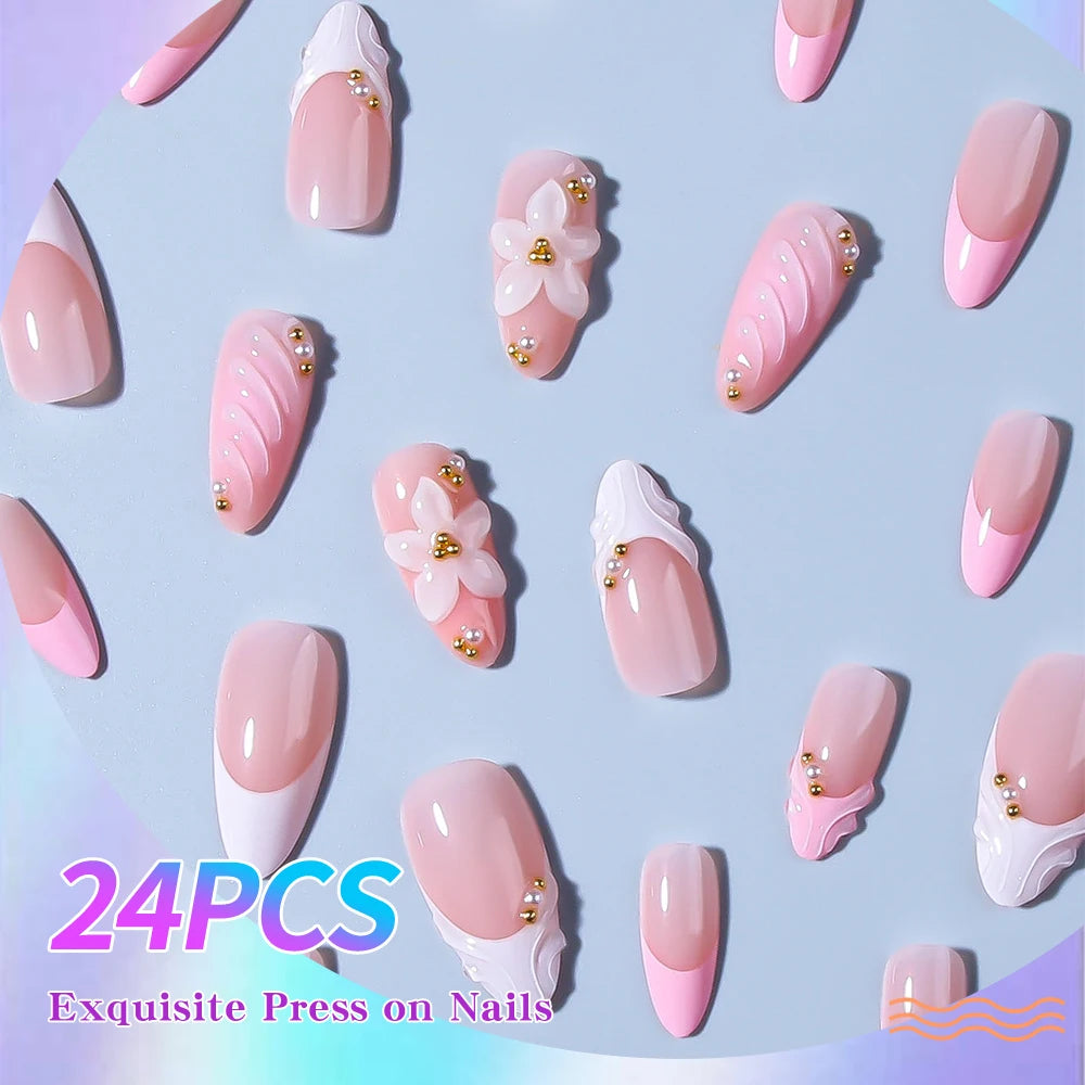 Elevate Your Style with, 24pcs/set Long almond flowers Pink and white French Press on nails tips French Acrylic Fake Nail，3d gel