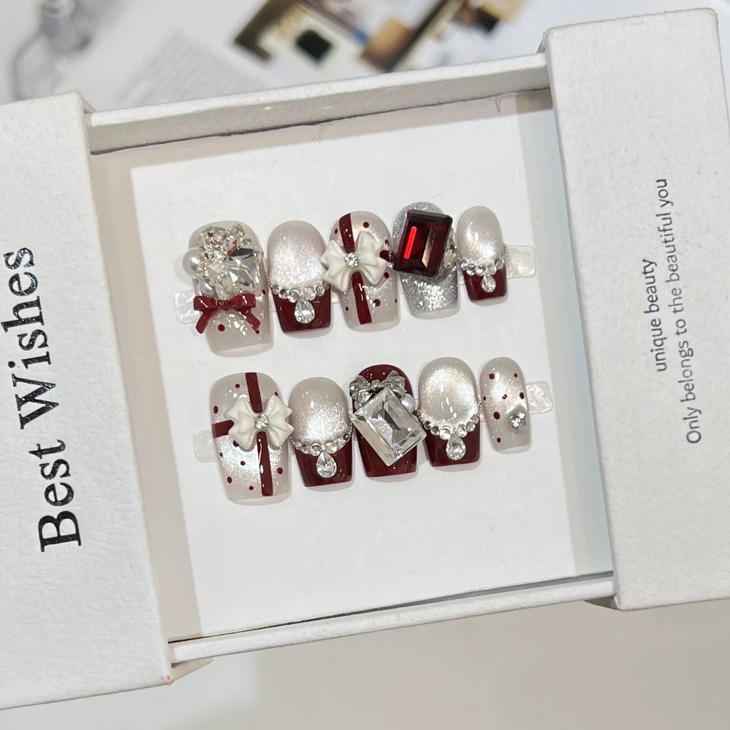 10Pcs Christmas Party Short Square Ballet Nail Tips Art Snowflake Rhinestone Pearl Designs Reusable Nail Stickers Acrylic Nails