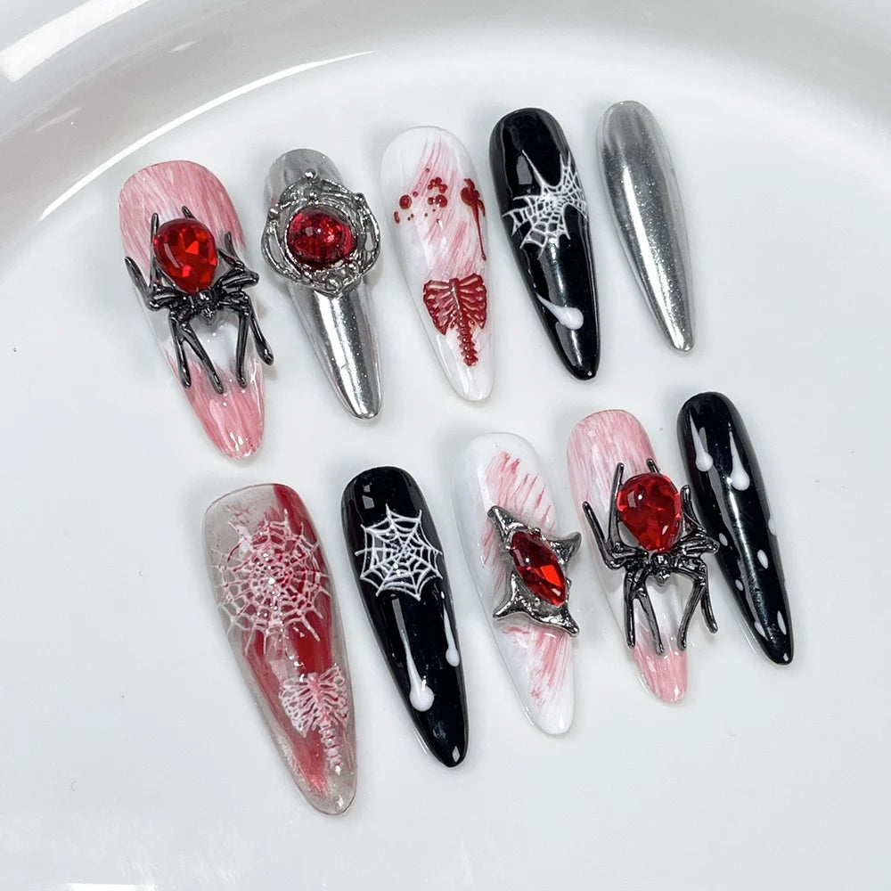 Handmade Halloween Press on Nails Long Gothic Y2k Metallic Fake Nails Artifical Acrylic Fake Nails Manicure Desired Life Store