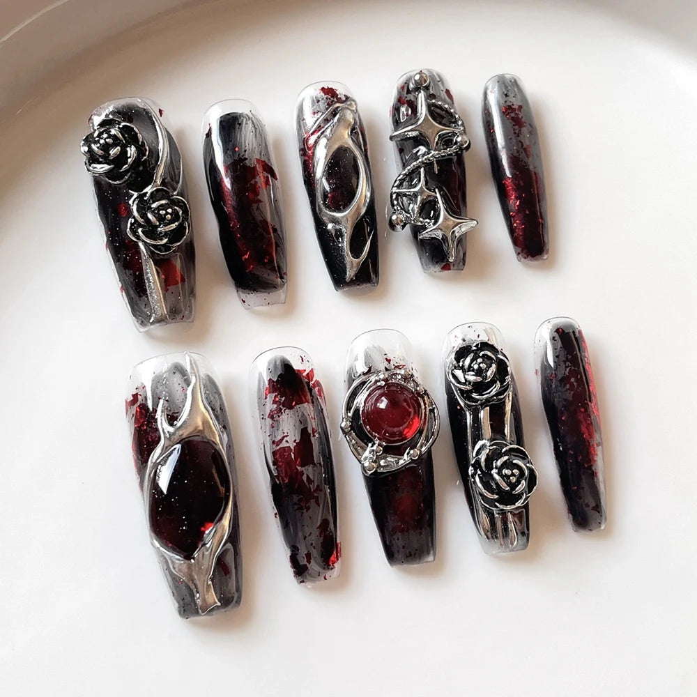 Handmade Halloween Press on Nails Long Gothic Y2k Metallic Fake Nails Artifical Acrylic Fake Nails Manicure Desired Life Store