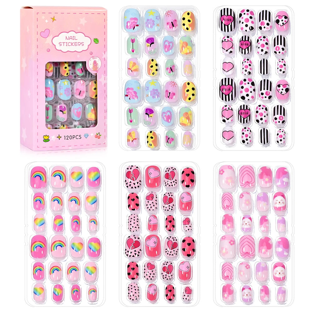 120Pcs/set Cartoon Kawaii Cute False Nail Tips 5*24Pcs  Acrylic Nails Tips Full Cover Short Fingernail Press on Fake Nails &*&