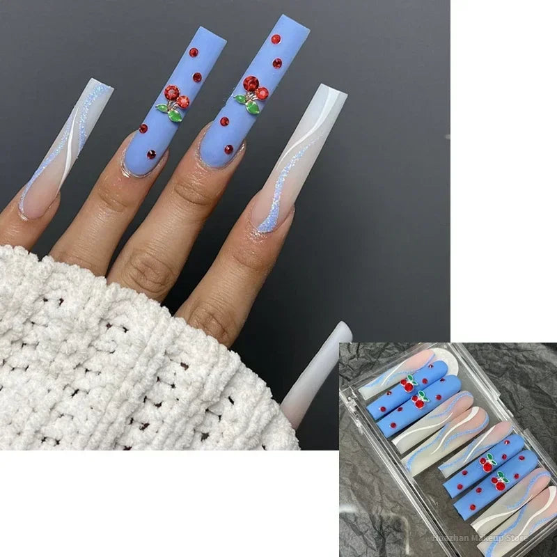 Customize Handmade Extra Long False Nail Tips Glittery Rhinestone 3D Flower Press On Nails Y2K Reusable 3XL Acrylic Fake Nail