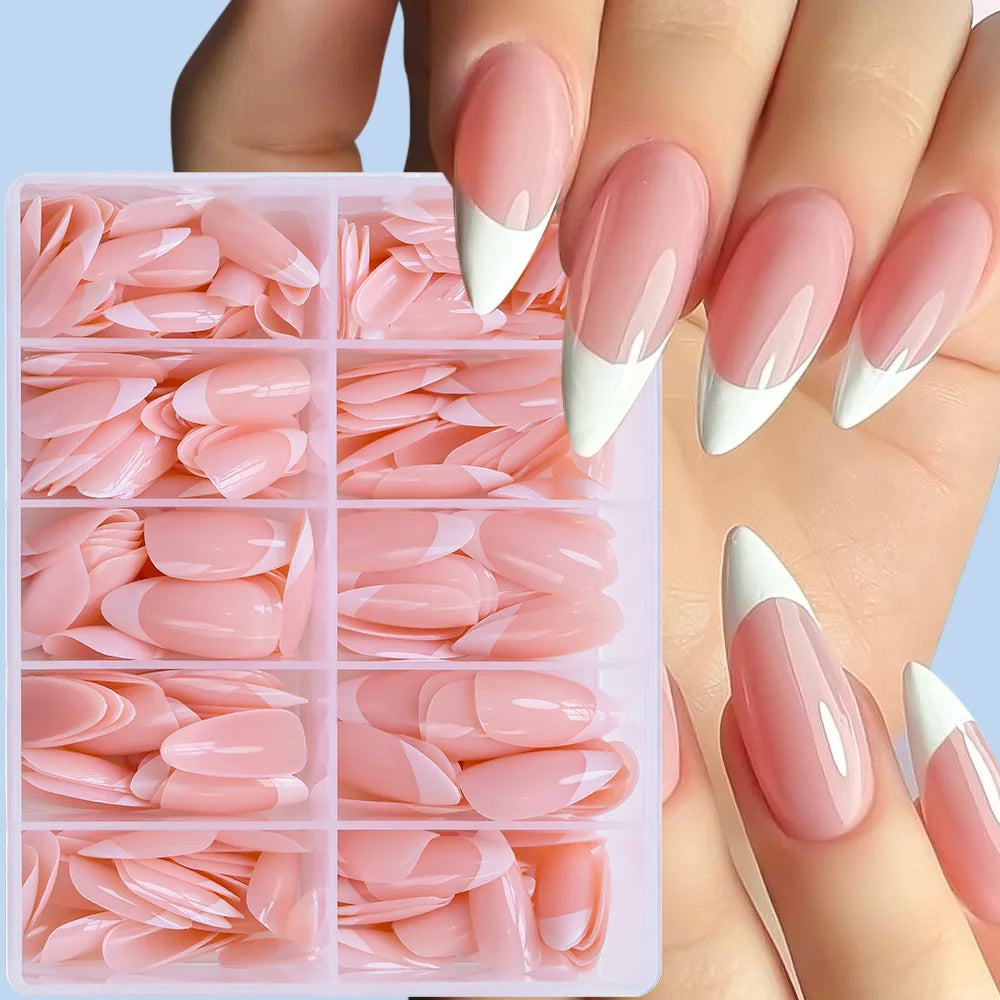 120/150/240pcs Pink Medium Almond French Press On Nails Glossy White French Oval Full Cover Wearable False Nail Acrylic FakeNail