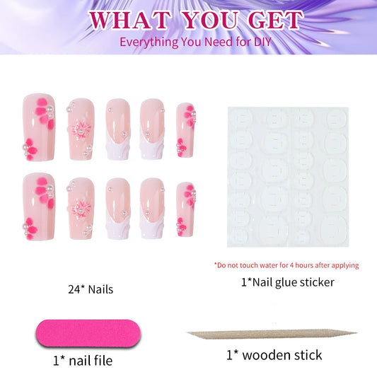 24pcs/set 3D gelnial makes medium Square Flowernails With pearls design French Tip Press On Nails medium Fit Perfectly Acrylic F