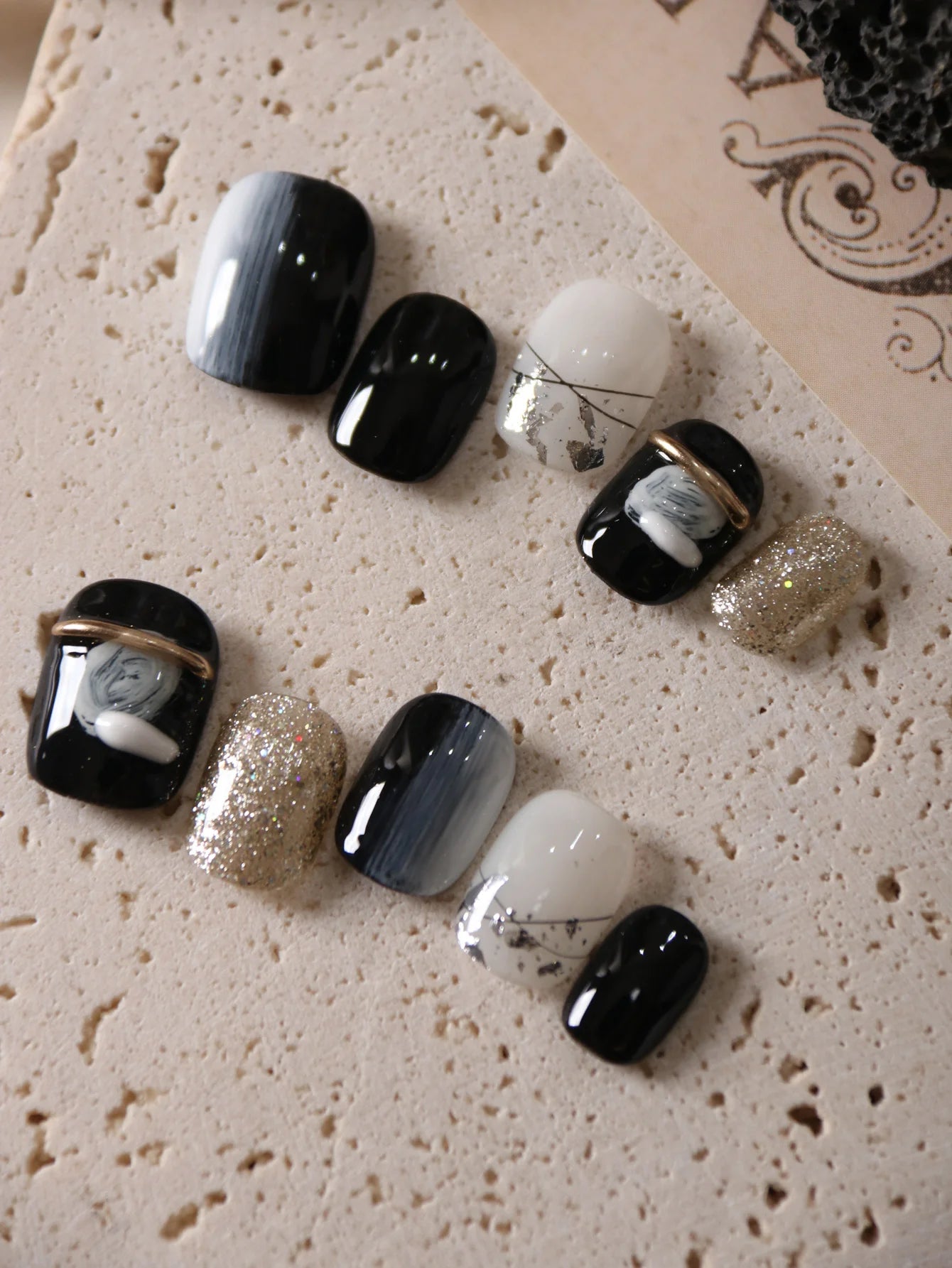 10Pcs Press on Nails Short Black Halation Acrylic Press on Nails Fake Nails Includes 1 Sheet Adhesive Tabs & 1 Pc Mini File