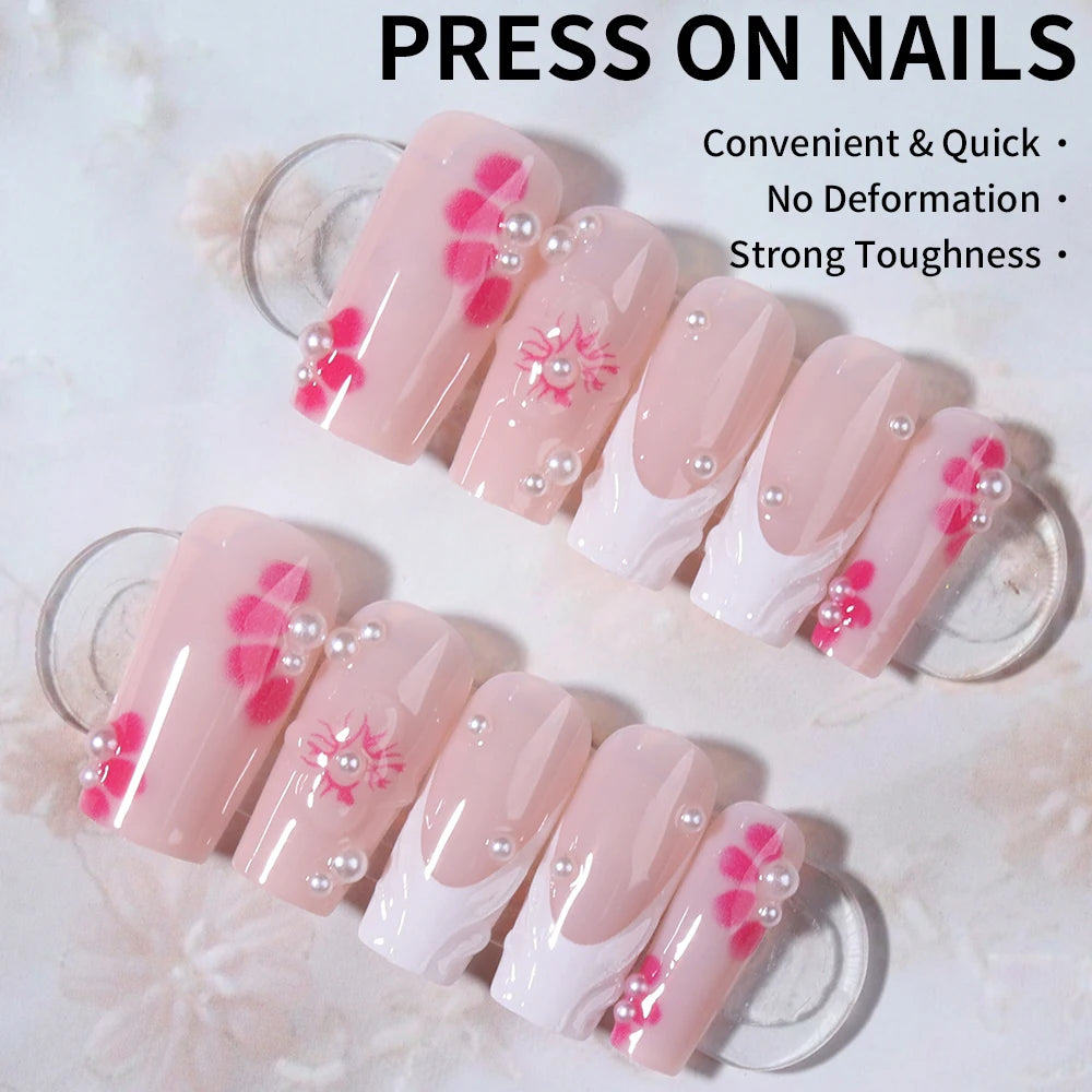 24pcs/set 3D gelnial makes medium Square Flowernails With pearls design French Tip Press On Nails medium Fit Perfectly Acrylic F