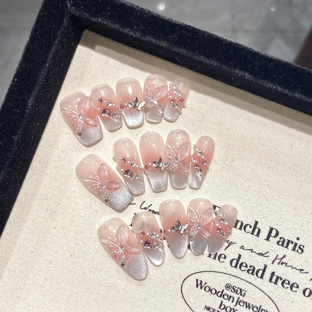 handmade nude press on nails french cat eye butterfly design reusable wearable false nails artifical nail tip desired life store