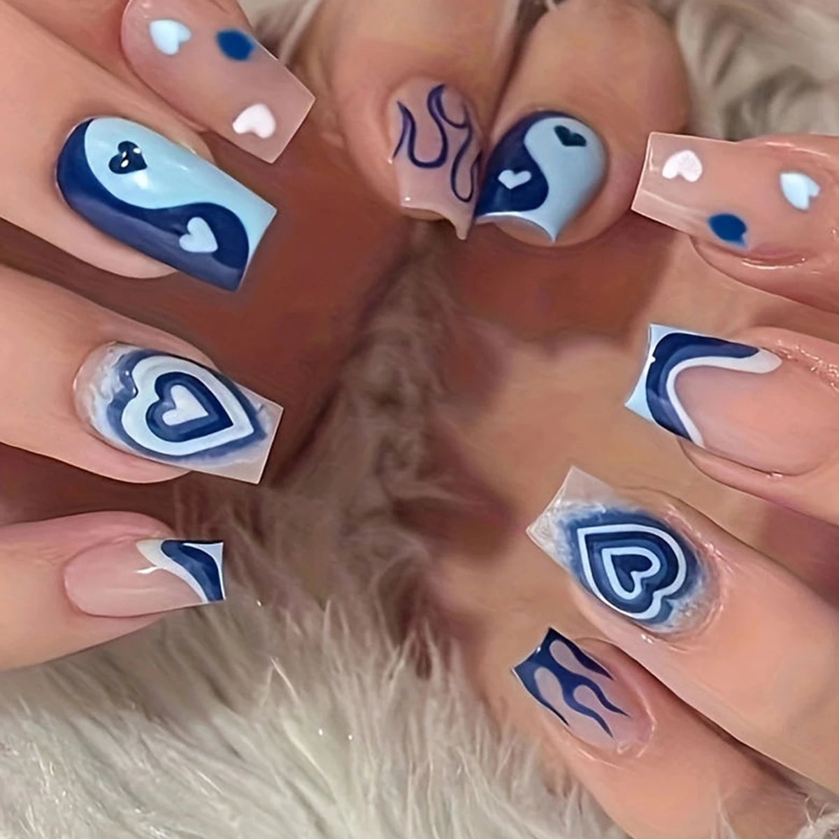 24PCS White French-Edge Rectangular False Nails With Heart And Star Designs, Reusable Acrylic False Nails