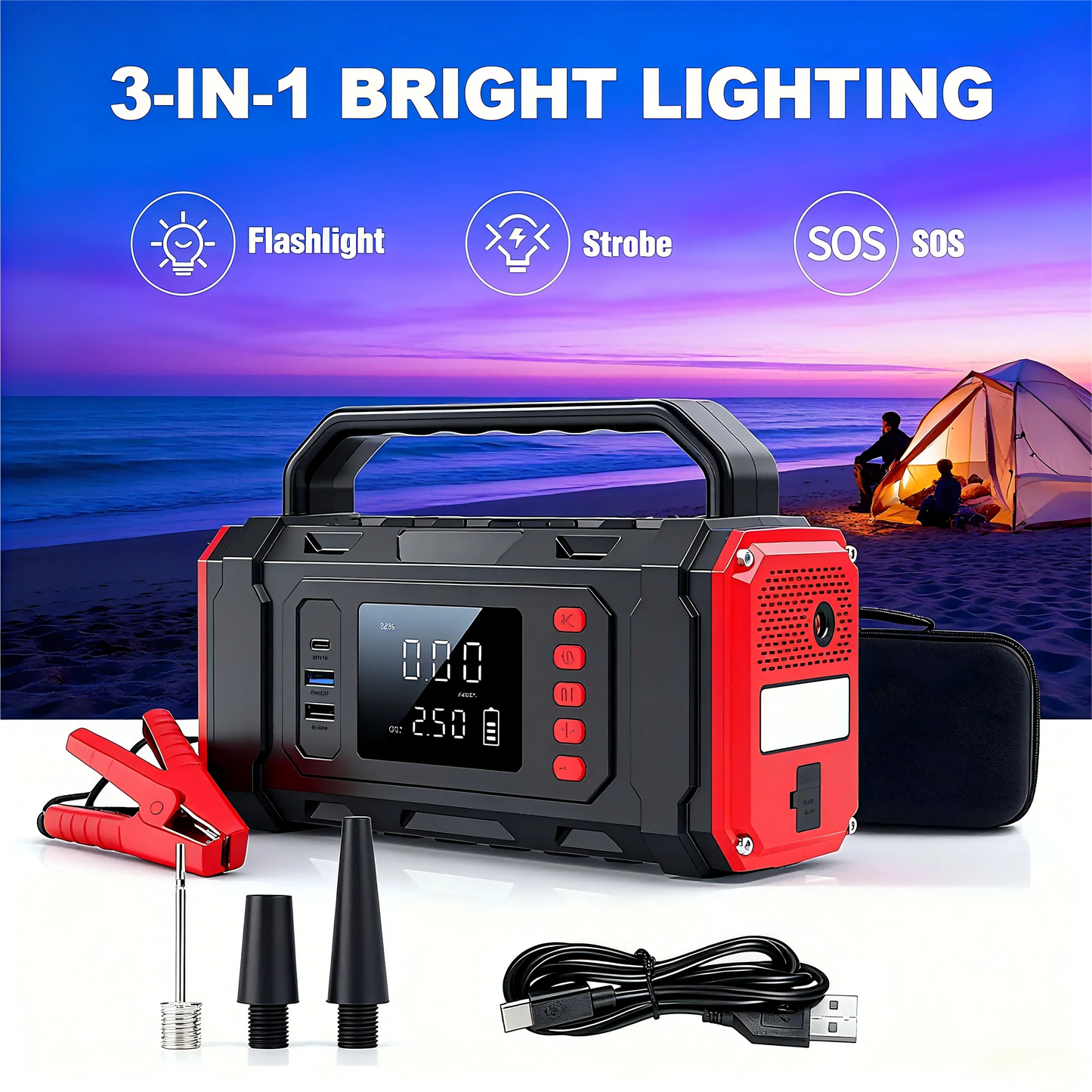 Portable Car Jump Starter Battery LED Light Emergency Tool Kit Power Bank Tire Inflator Lithium Booster for Trucks Starters