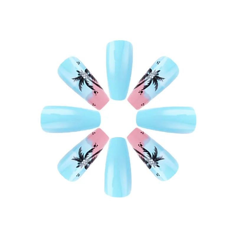 24pcs Medium Long False Nails for Women Sandy Beaches Coconut Trees Thick Acrylic Press on Nails with Tools Beach nail Tips 2025