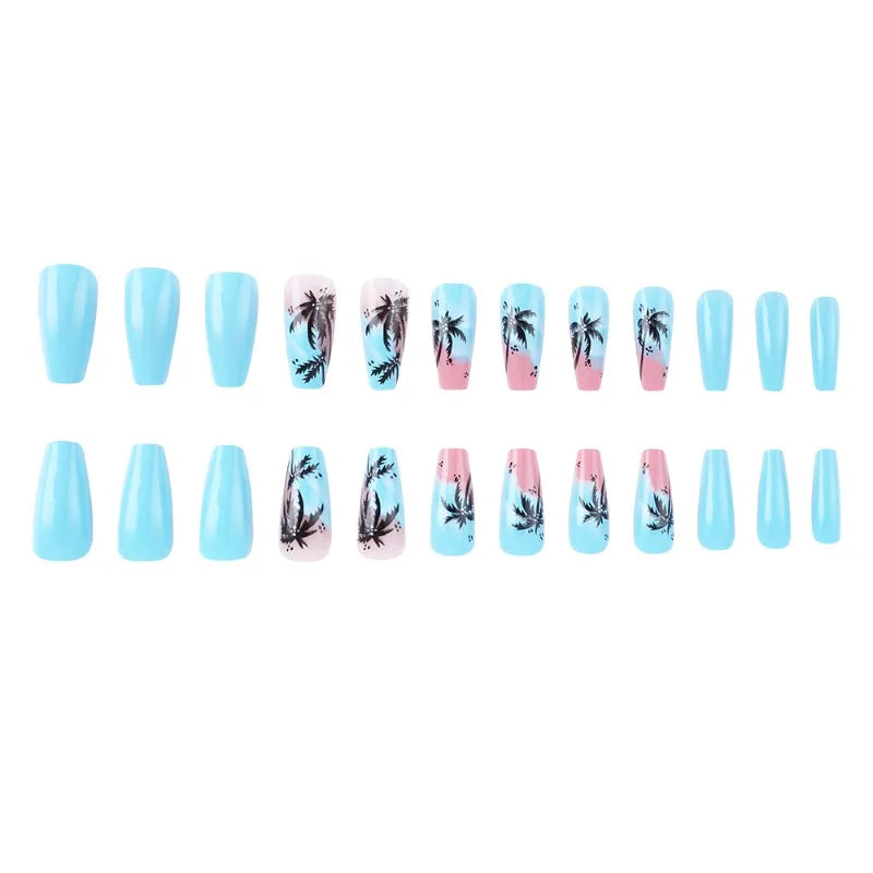 24pcs Medium Long False Nails for Women Sandy Beaches Coconut Trees Thick Acrylic Press on Nails with Tools Beach nail Tips 2025