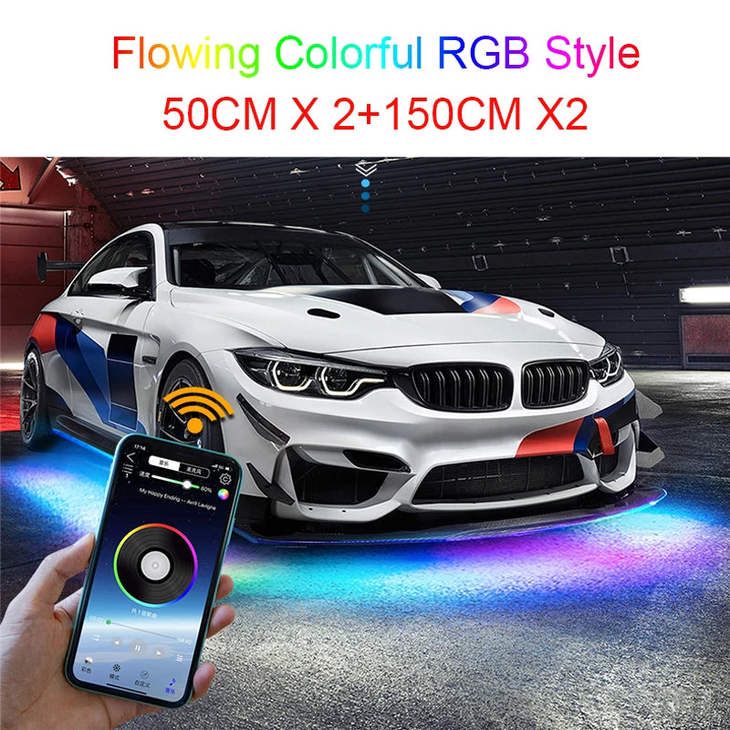 Neon LED RGB Car Underglow Bottom Light Remote/APP Control Flexible Waterproof LED Strip Car Underbody Light Decorative Lamp 12V