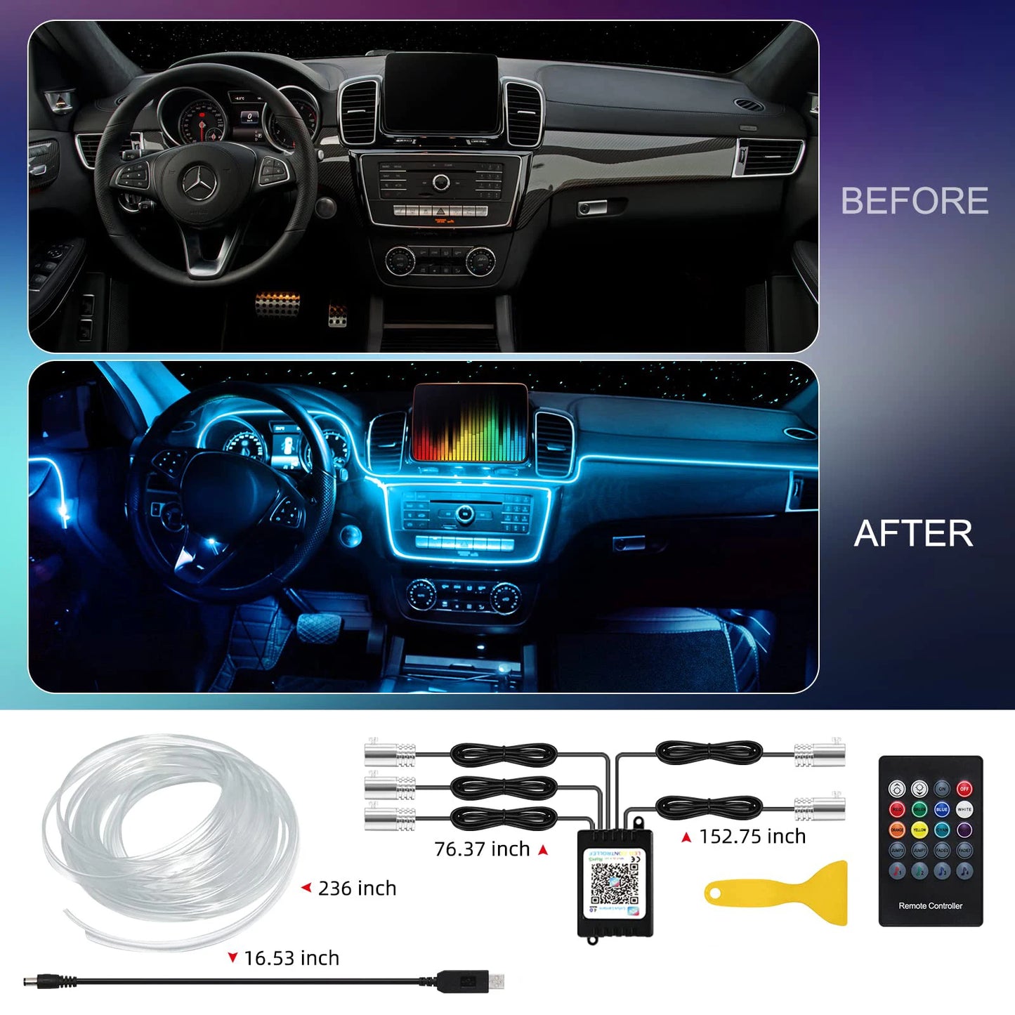 5 in 1 LED Car Interior Ambient Lights Neon Fiber Optic Lighting Kit with APP Remote Music Control RGB Auto LED Decorative Lamps