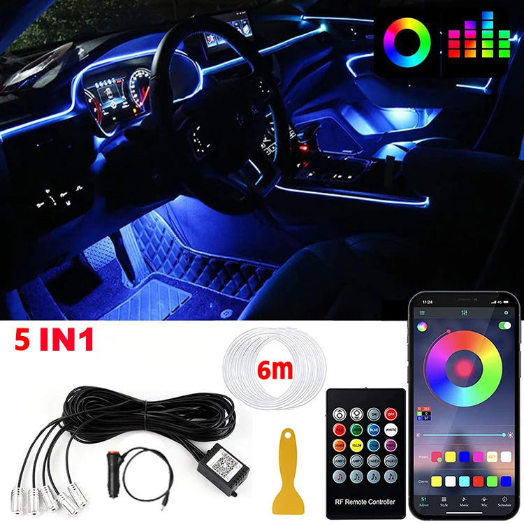 5 in 1 LED Car Interior Ambient Lights Neon Fiber Optic Lighting Kit with APP Remote Music Control RGB Auto LED Decorative Lamps