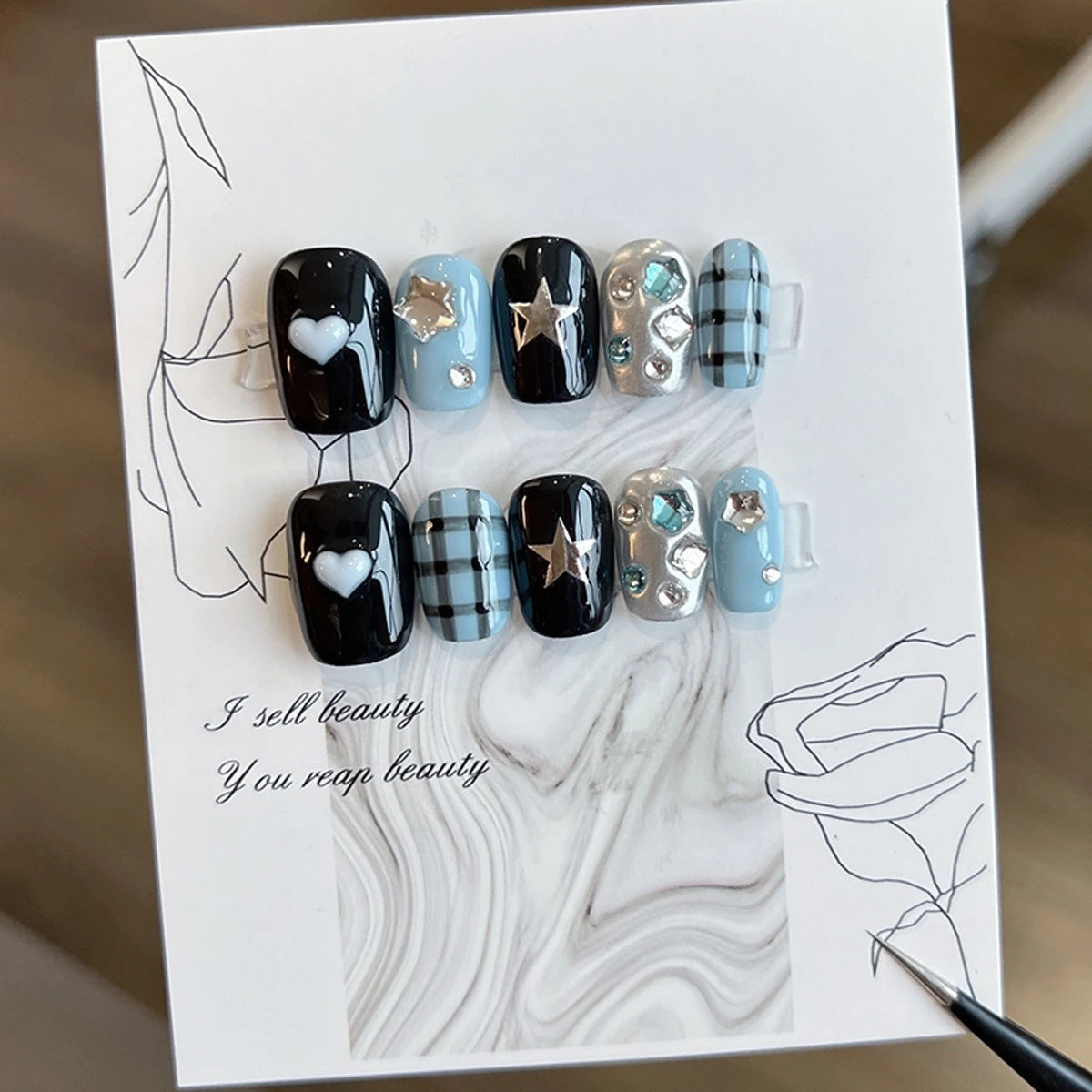 10PCS Glitter Black Cat Eye Short Square Handmade Press on Nails Sweet Cool Simple Stars Fake Nails Spice Girls Y2k False Nails