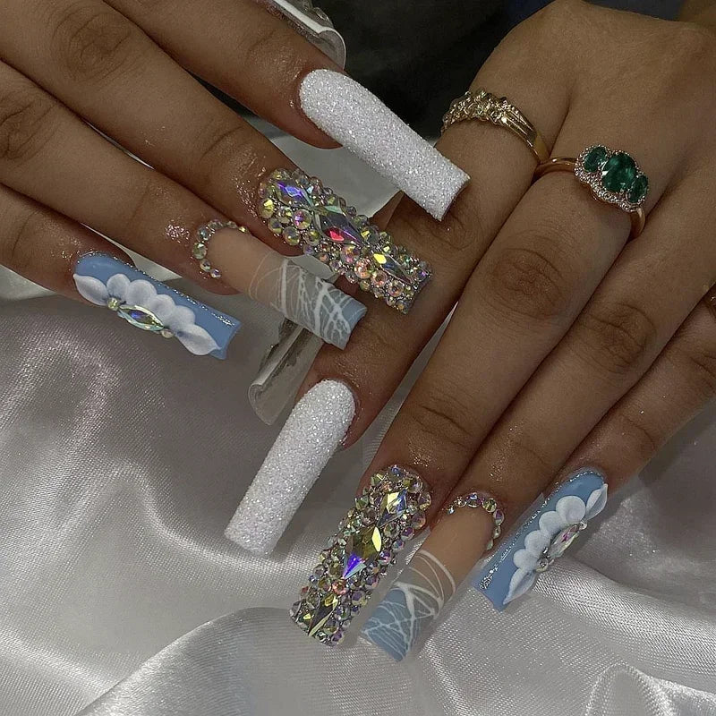 Customize Handmade Extra Long False Nail Tips Glittery Rhinestone 3D Flower Press On Nails Y2K Reusable 3XL Acrylic Fake Nail