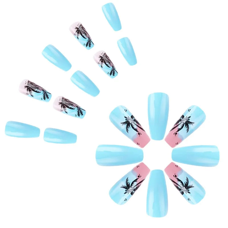 24pcs Medium Long False Nails for Women Sandy Beaches Coconut Trees Thick Acrylic Press on Nails with Tools Beach nail Tips 2025