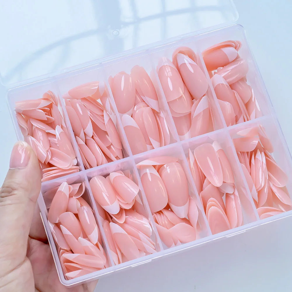 120/150/240pcs Pink Medium Almond French Press On Nails Glossy White French Oval Full Cover Wearable False Nail Acrylic FakeNail