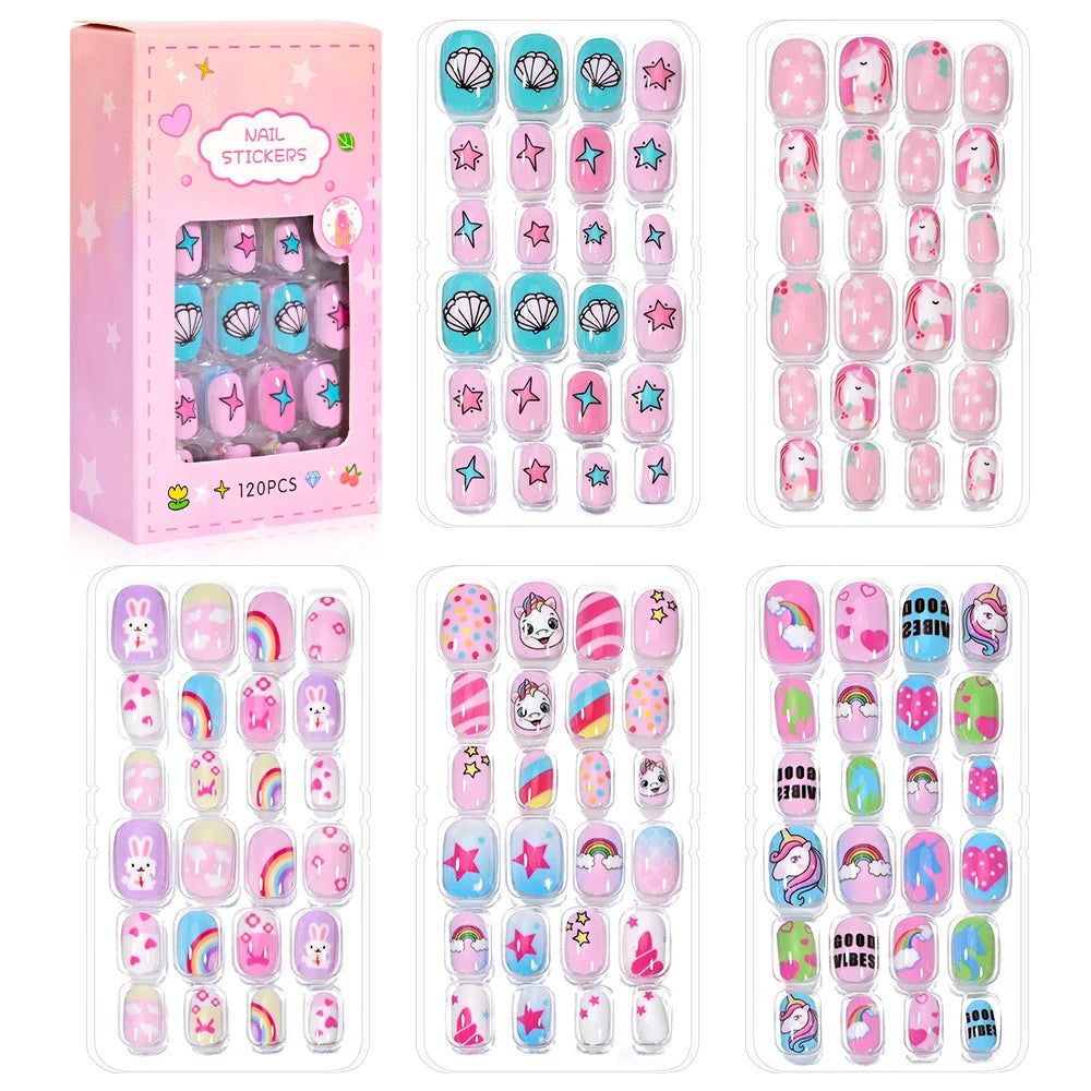 120Pcs/set Cartoon Kawaii Cute False Nail Tips 5*24Pcs  Acrylic Nails Tips Full Cover Short Fingernail Press on Fake Nails &*&