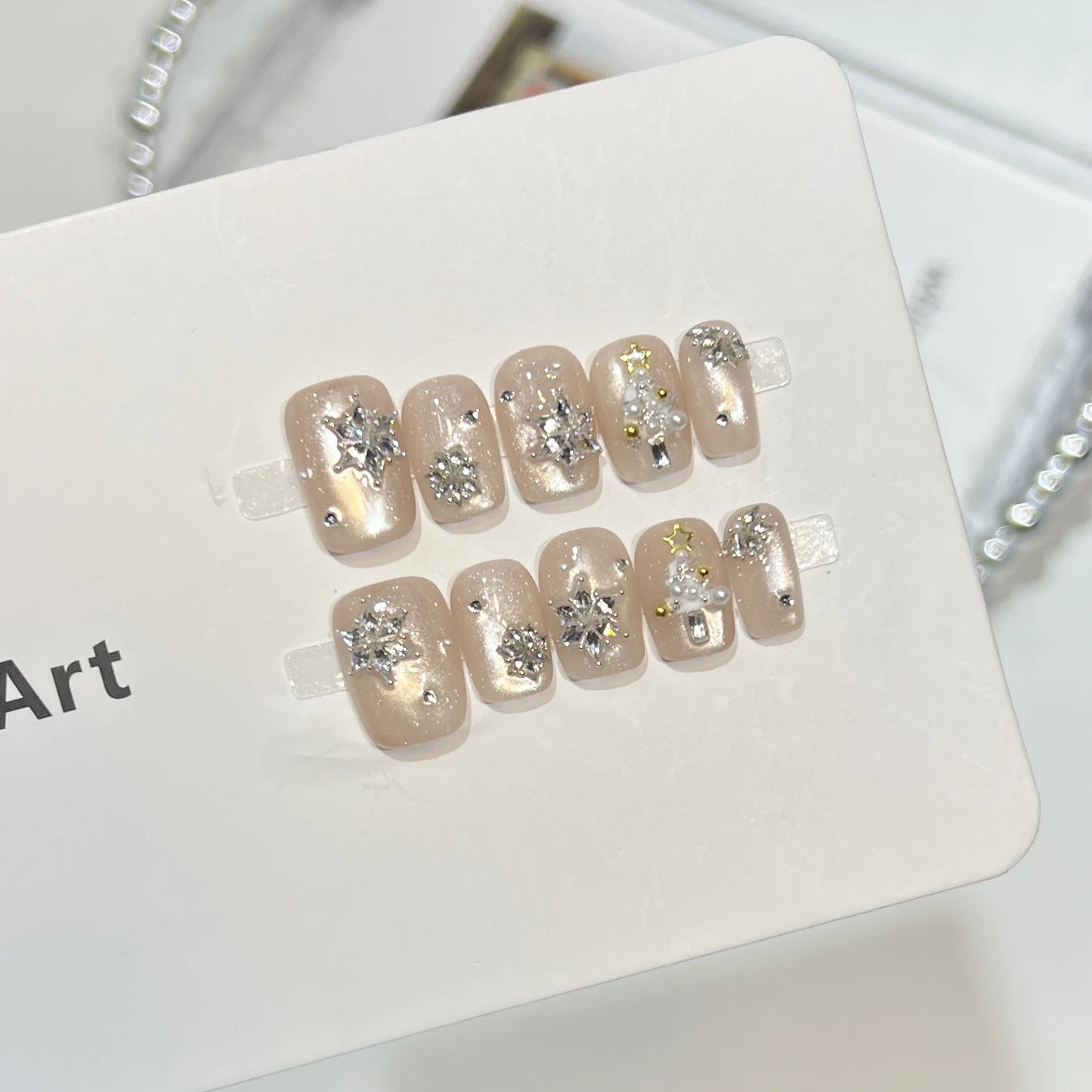10Pcs Christmas Party Short Square Ballet Nail Tips Art Snowflake Rhinestone Pearl Designs Reusable Nail Stickers Acrylic Nails