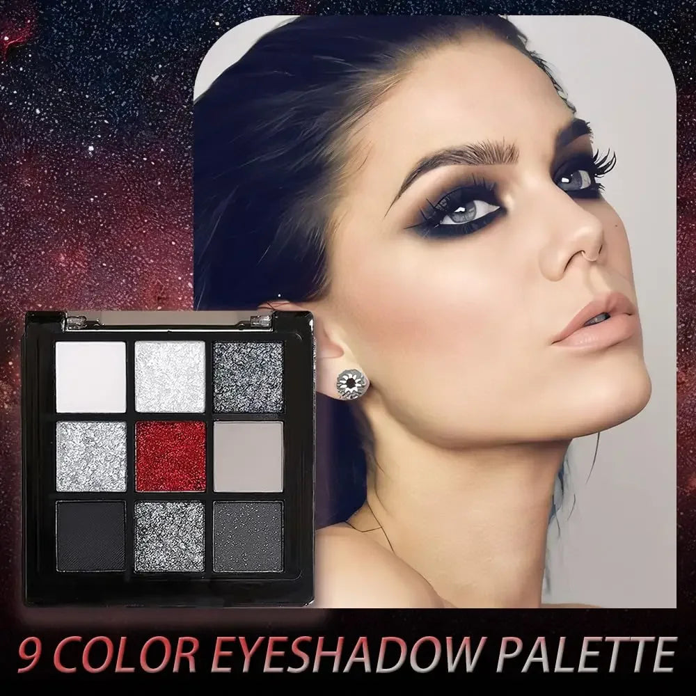 Black Red Punk Smoked 9 Colors Eyeshadow Palette - Waterproof Glitter Pearl Cold Dark Color Makeup Lasting Eyeshadow