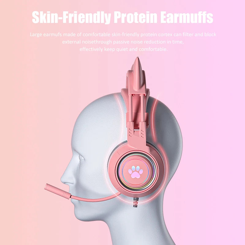Cute Cat Ear Gaming Headphones with Mic Noise Reduced RGB Pink Girls Headset Gamer Accessories for PS4 Xbox Phone PC Kid Gift