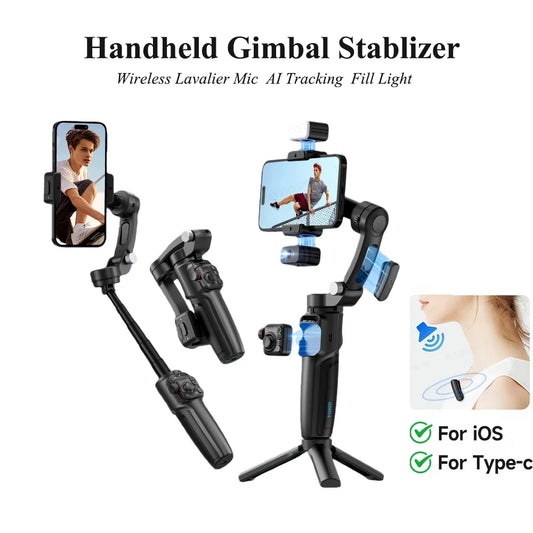 M06 AI Tracking Handheld Gimbal Stabilizer with Fill Light Wireless Lavalier Microphone for iPhone Phone Telescopic Rod