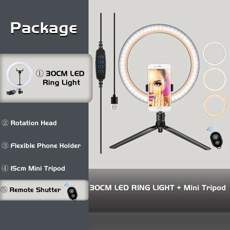 Creator Ring Light Kit with 3 Colors (Tripod + Phone Holder + USB Remote)
