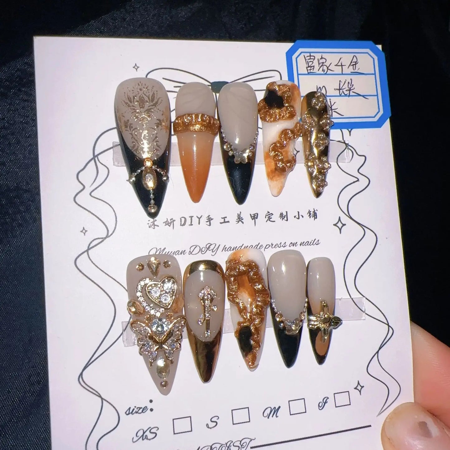 Luxury Rich Lady Press On Nails Set, Resin Fake Nails with 3D Embossed Patterns & Gold Accessories, Precise Sizing, Great for