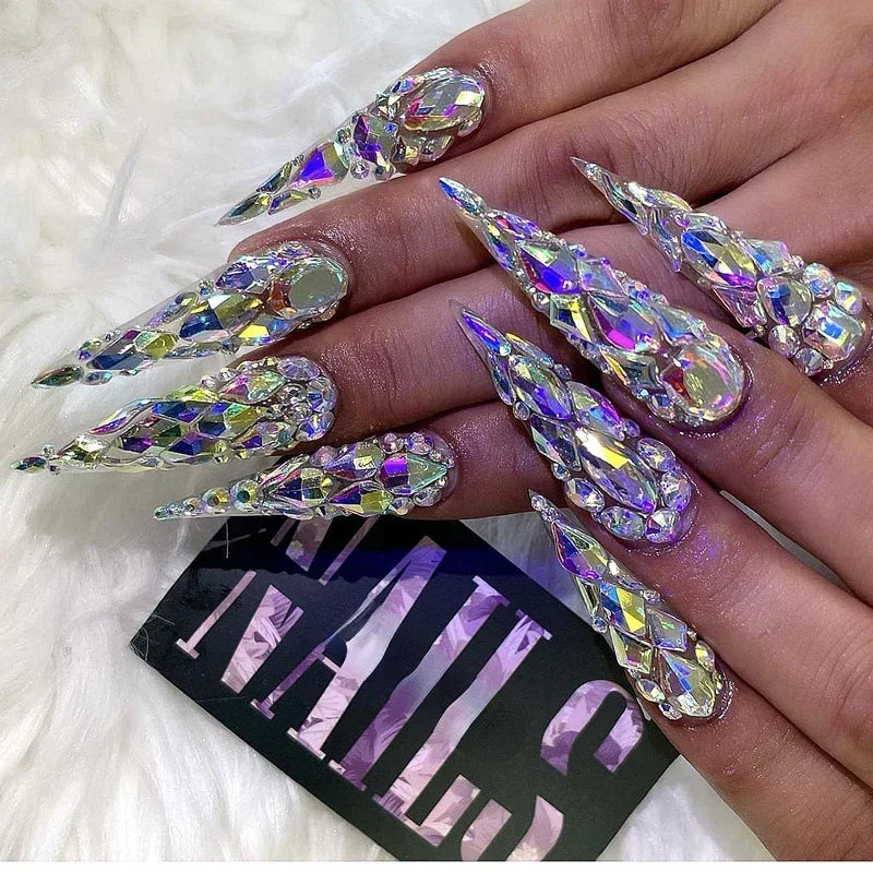 Customize Handmade Extra Long False Nail Tips Glittery Rhinestone 3D Flower Press On Nails Y2K Reusable 3XL Acrylic Fake Nail