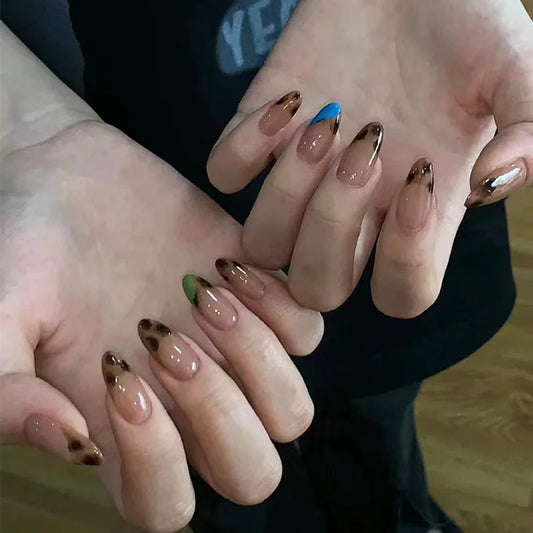 24pcs Black French Fake Nails Sets Wearable Y2k Star Pattern Long Almond False Nail Art Simple Round Head Press on Nails Tips