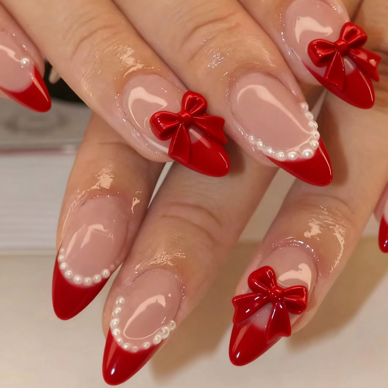 24PCS Pressed Black French Edge False Nails With Pearl And Bow Designs Fully Covered Acrylic False Nails, Reusable False Nails