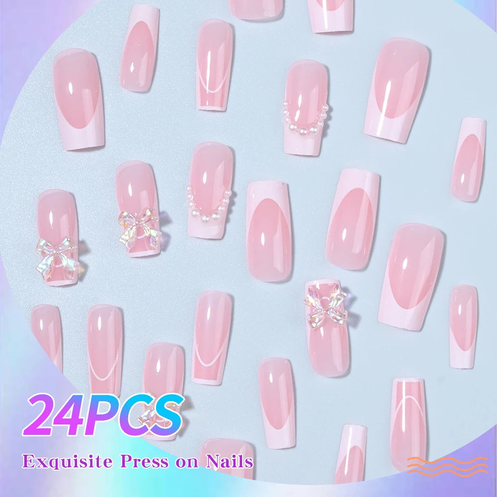 Elevate Your Style with, 24pcs/set Press on nails tips White French & 3D flowers design Acrylic Fake Nail，Fit Perfectly & Medium