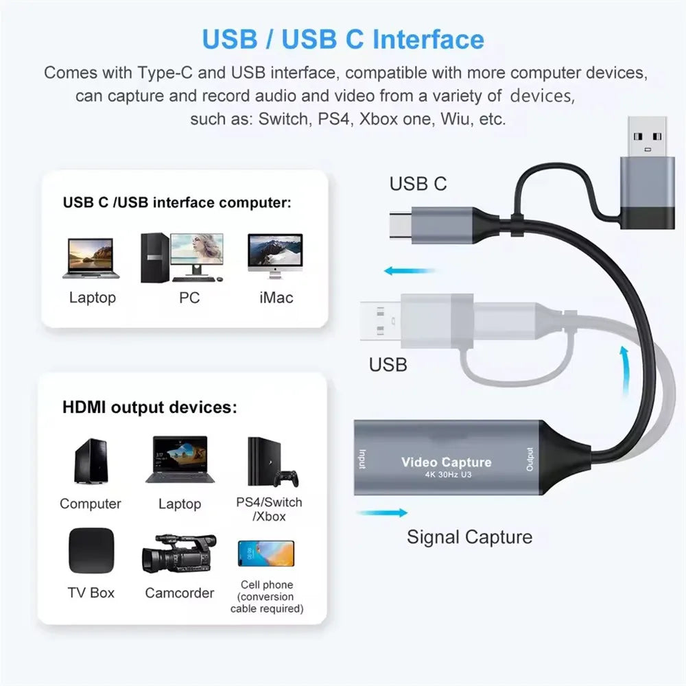 2 in 1 USB 3.0 Video Capture Card 4K HDMI-compatible to USB 2.0 Type-C Game Grabber Record For Switch Xbox PS5/4 Live Broadcast