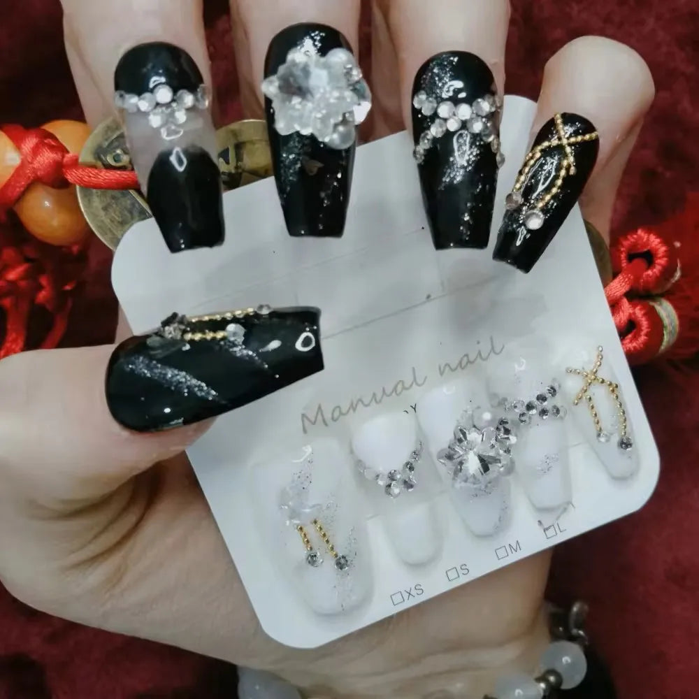 10pcs High Quality Handmade Press on Nails Medium Ladder Black White Thick Acrylic Nail Manicure Art Accessories For Kids Girl