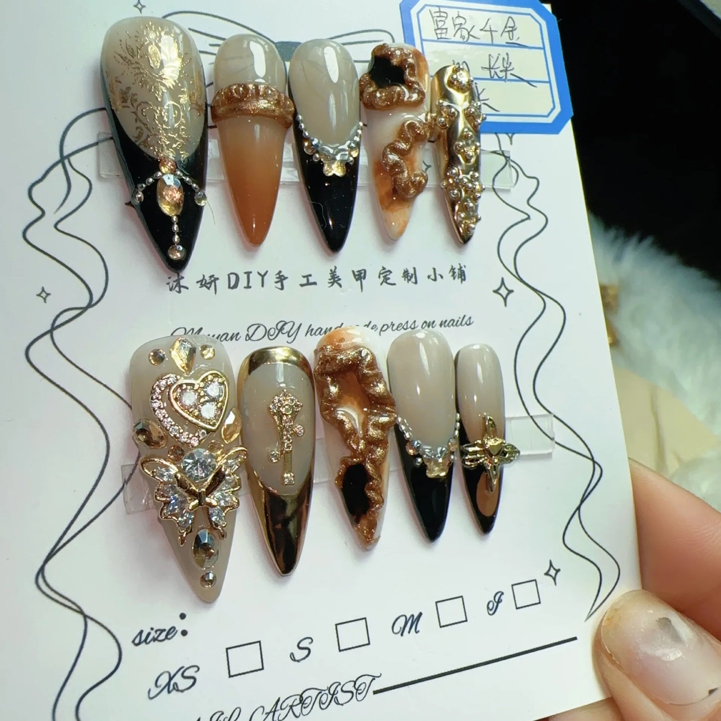 Luxury Rich Lady Press On Nails Set, Resin Fake Nails with 3D Embossed Patterns & Gold Accessories, Precise Sizing, Great for